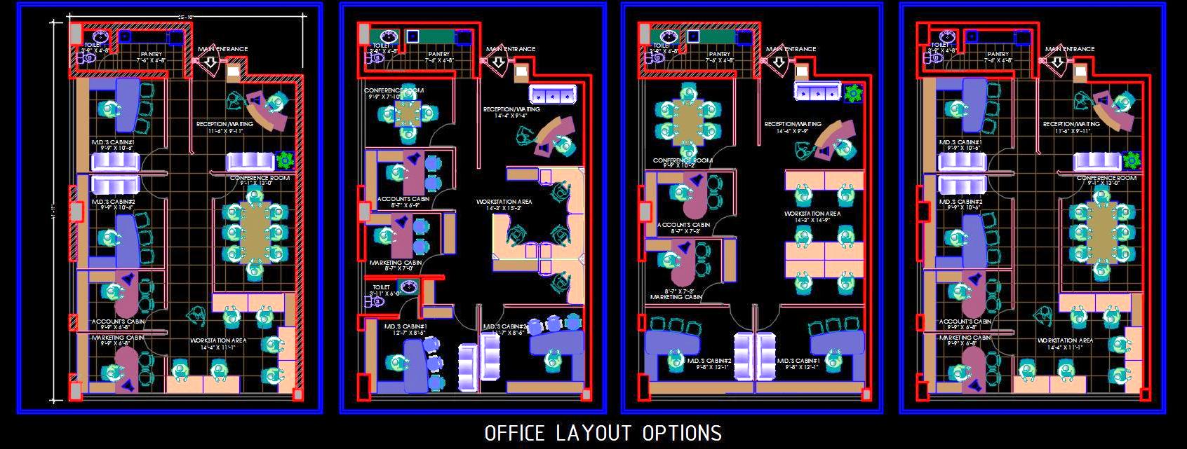 25'x40' Office Interior CAD Layout with Multiple Design Options